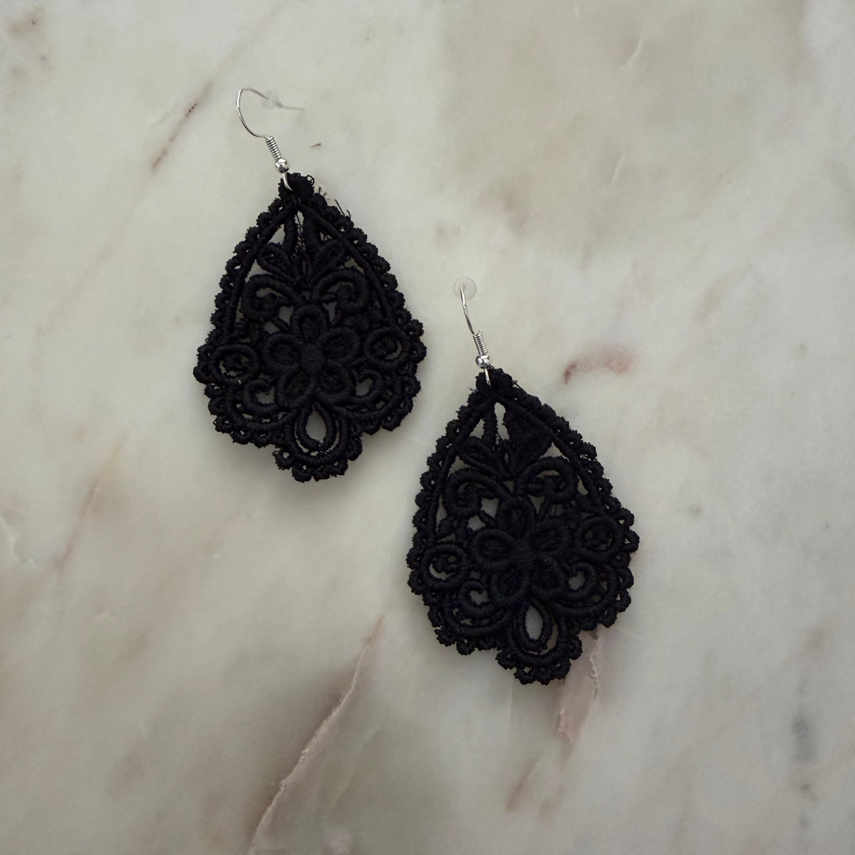 Floral Embroidered Lace Teardrop Earrings – Black, Navy Blue, White & Red with Silver Hooks