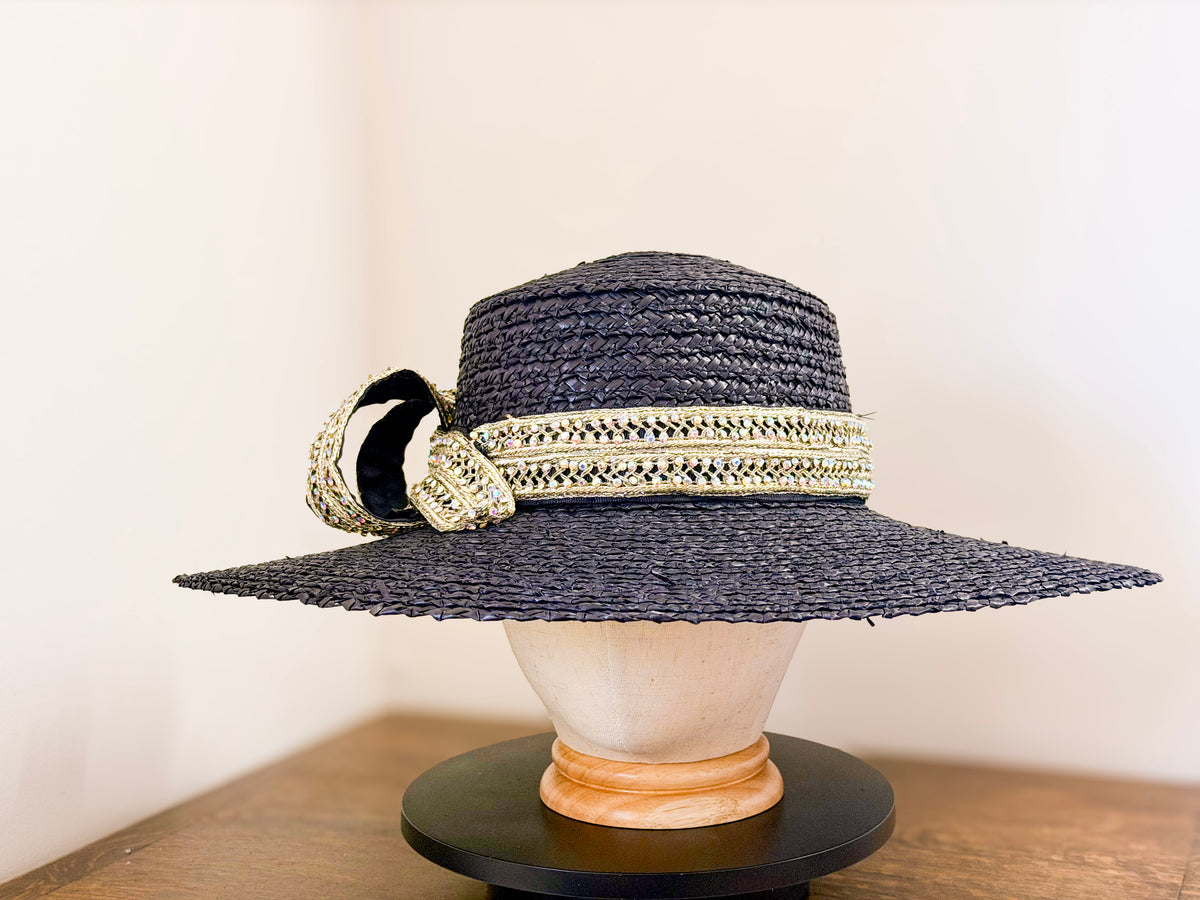 Glitz and Straw – Black Wide Brim Straw Hat, Metallic Zircon Trim and Vintage Stones