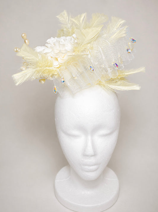 Citron Pearl Dahlia White Crinoline Lemon Feather Fascinator Wedding Race