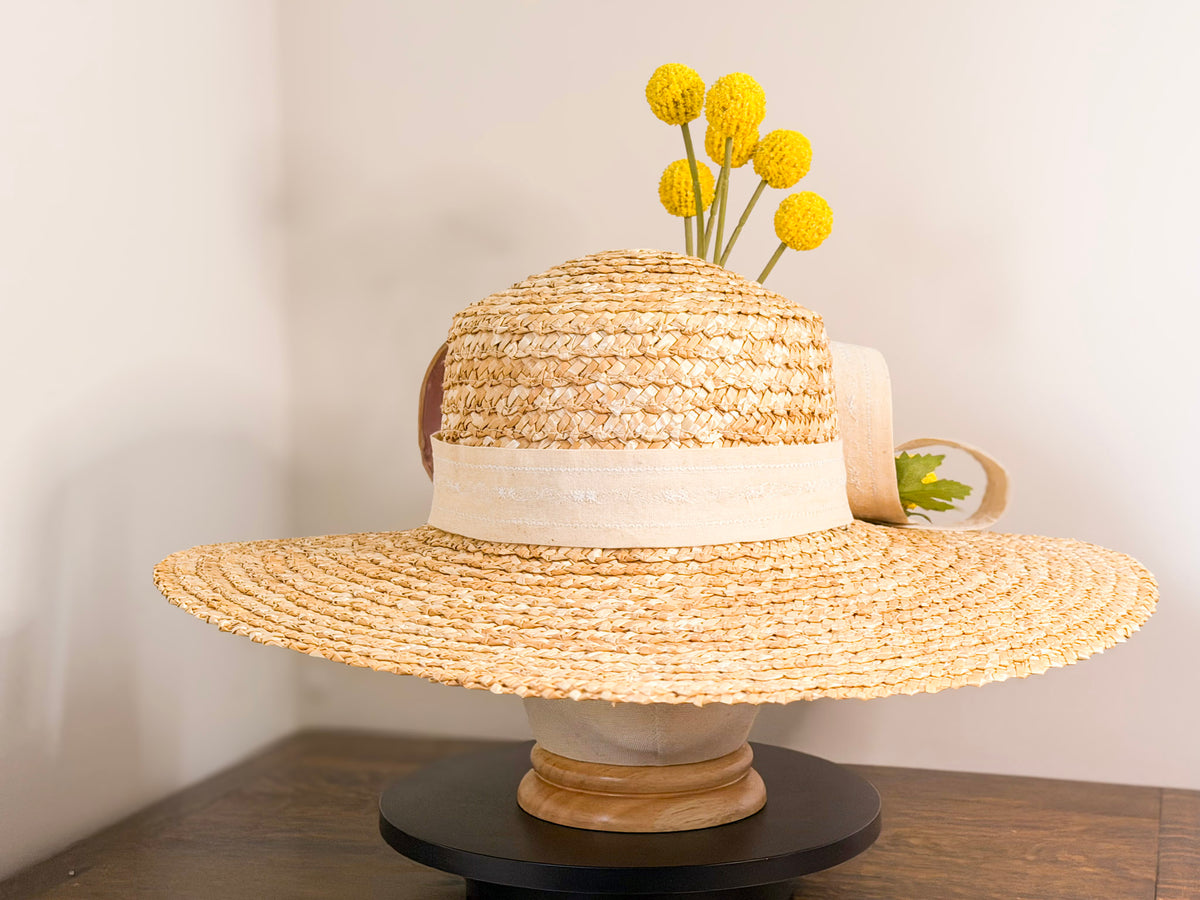 Bushland Canvas – Handcrafted Natural Straw Wide Brim Hat with Australian Native Floral Detail