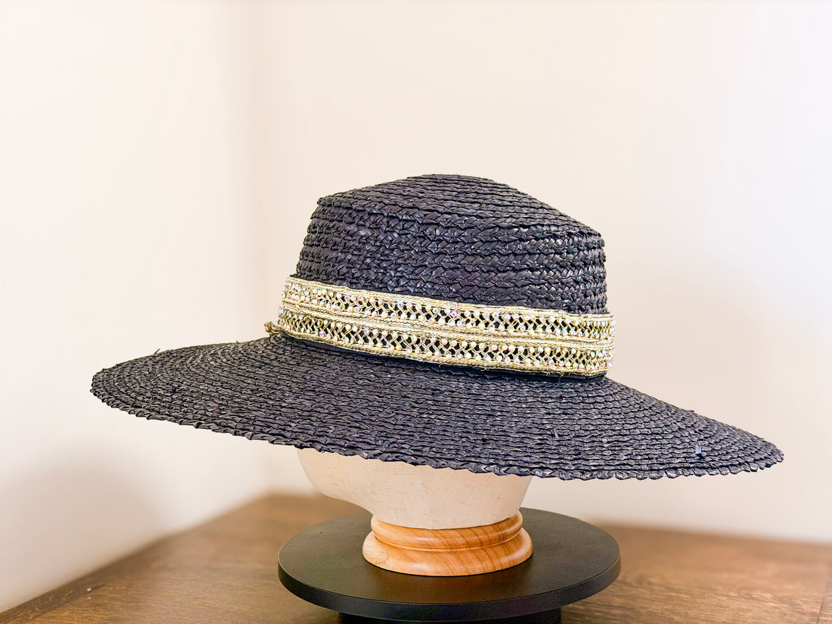 Glitz and Straw – Black Wide Brim Straw Hat, Metallic Zircon Trim and Vintage Stones
