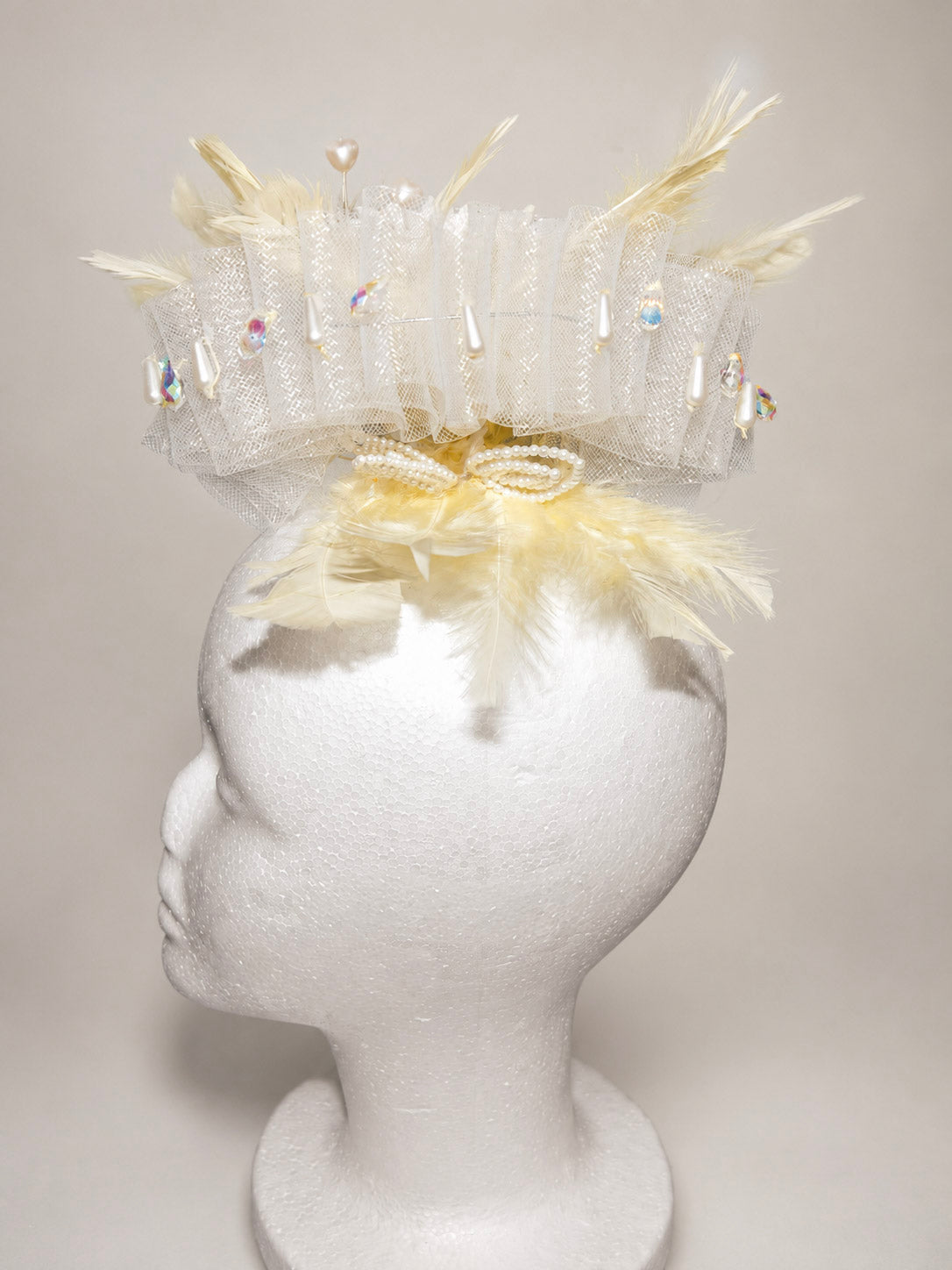 Citron Pearl Dahlia White Crinoline Lemon Feather Fascinator Wedding Race