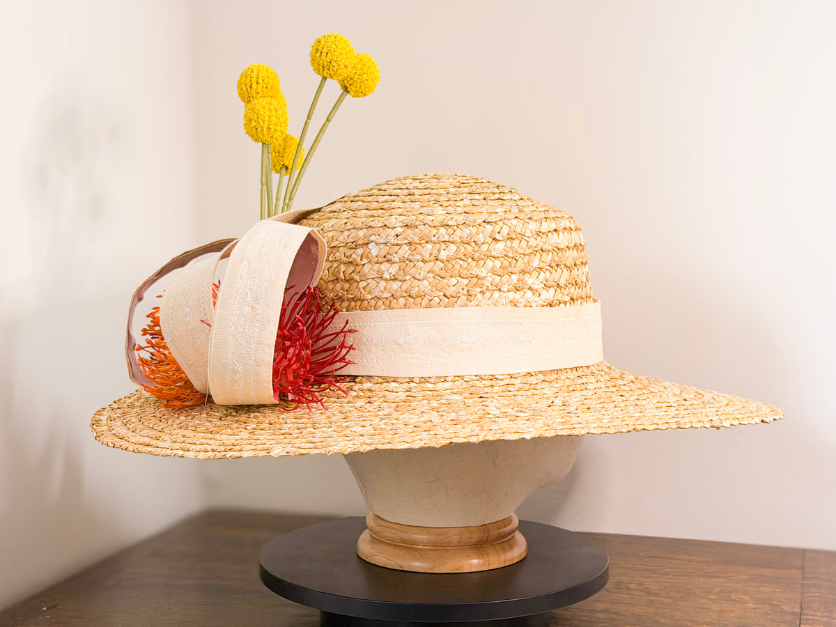Bushland Canvas – Handcrafted Natural Straw Wide Brim Hat with Australian Native Floral Detail