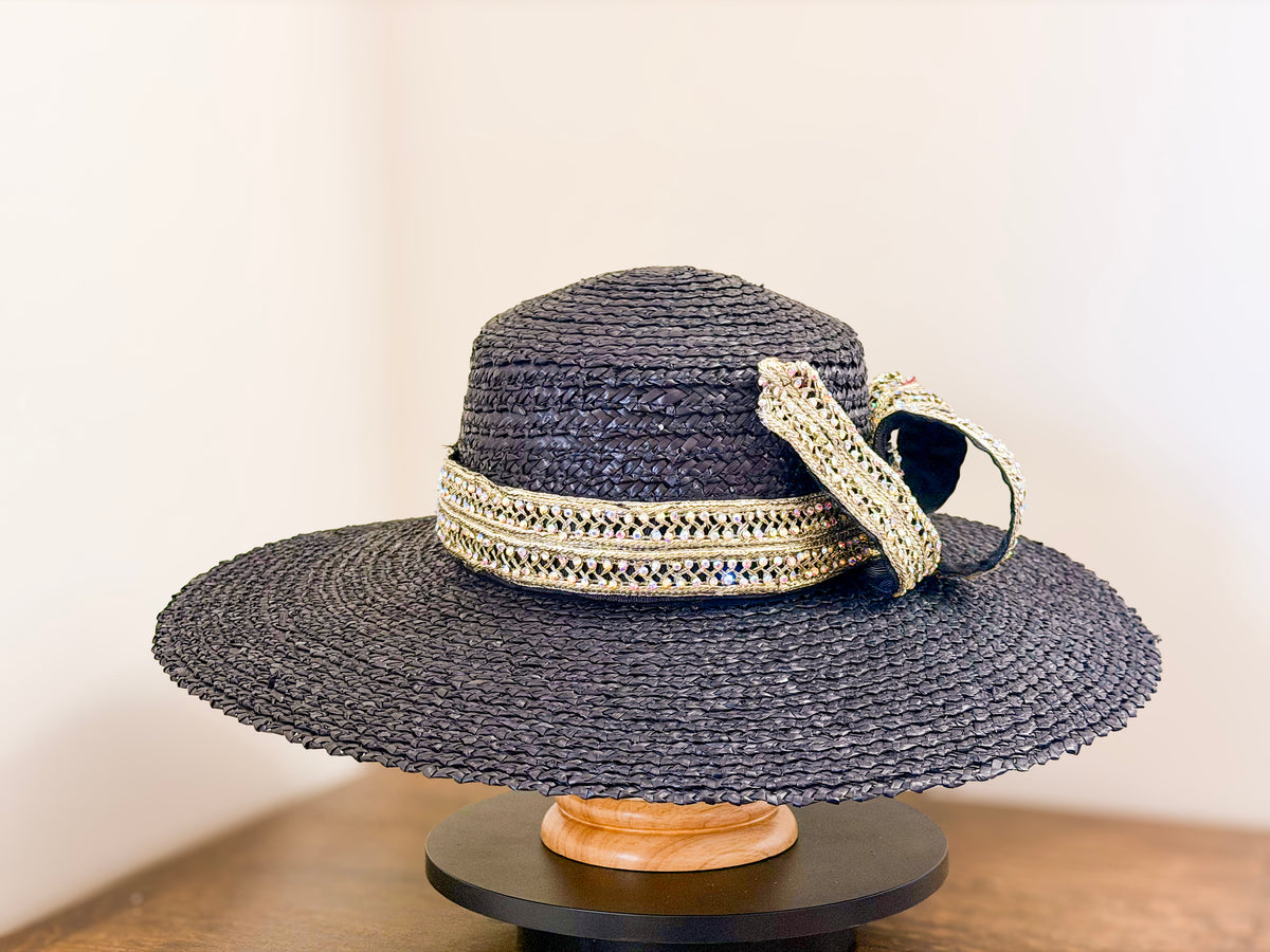 Glitz and Straw – Black Wide Brim Straw Hat, Metallic Zircon Trim and Vintage Stones