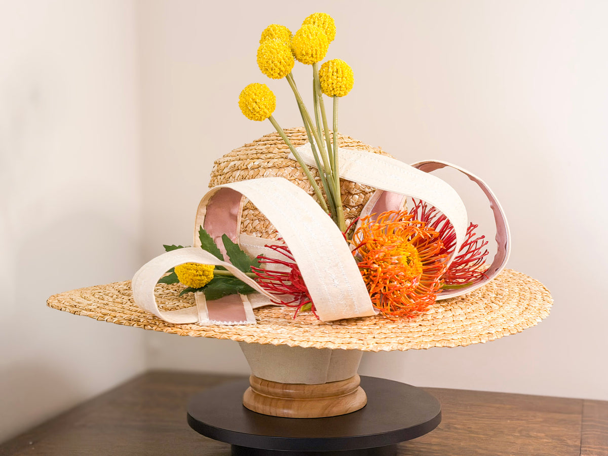 Bushland Canvas – Handcrafted Natural Straw Wide Brim Hat with Australian Native Floral Detail