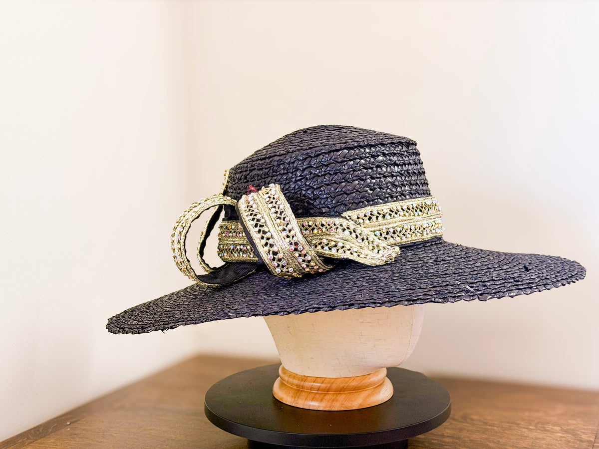Glitz and Straw – Black Wide Brim Straw Hat, Metallic Zircon Trim and Vintage Stones