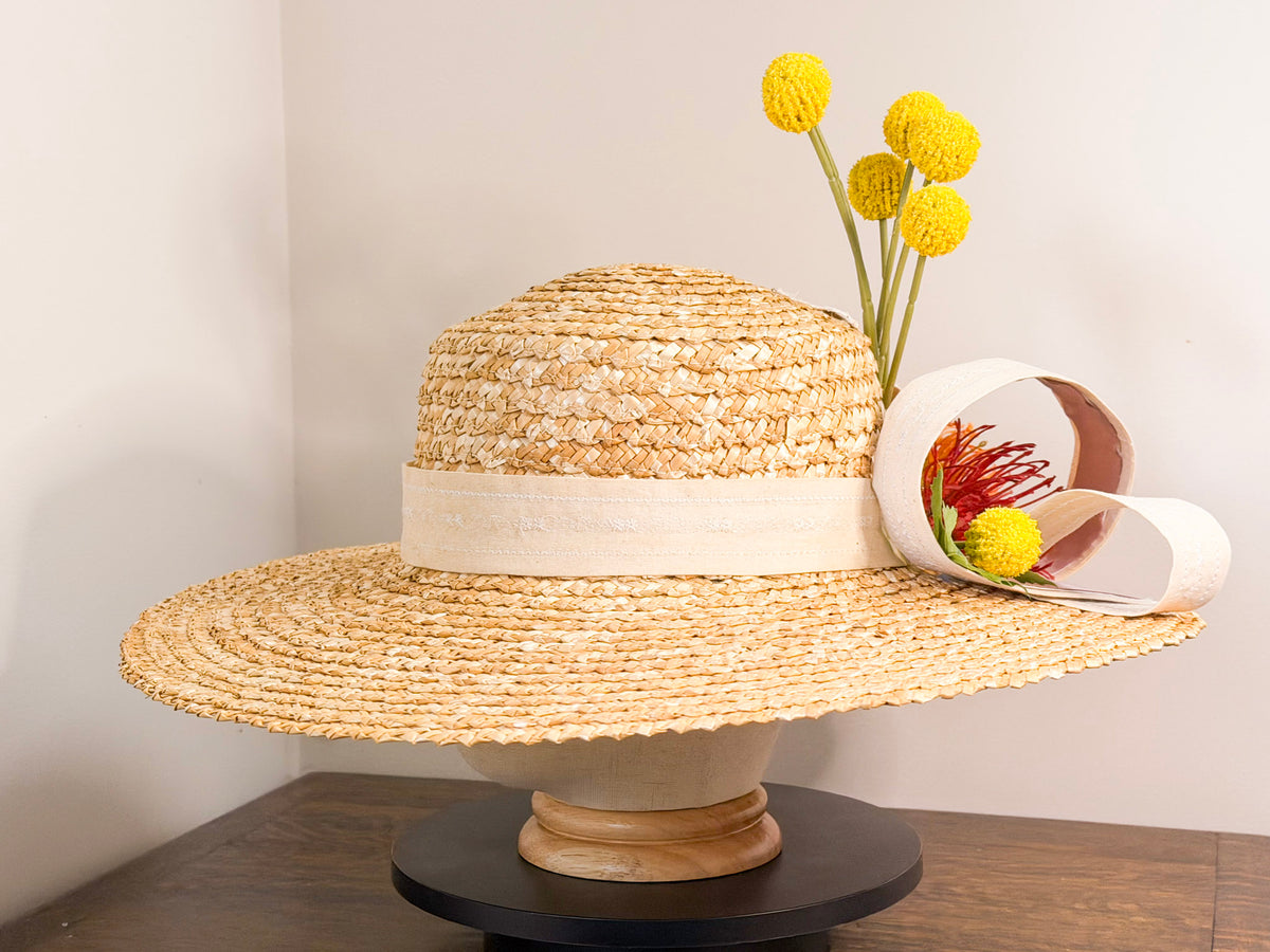 Bushland Canvas – Handcrafted Natural Straw Wide Brim Hat with Australian Native Floral Detail