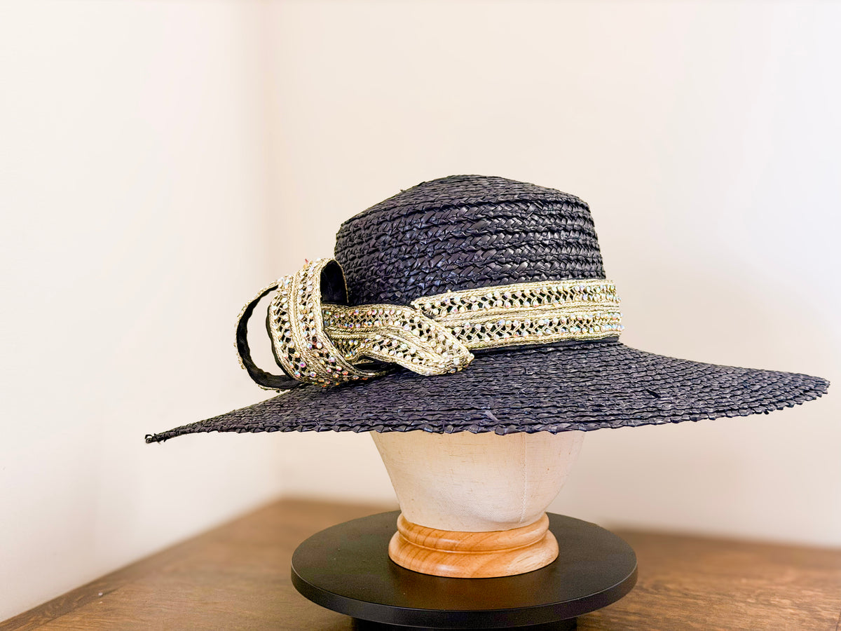 Glitz and Straw – Black Wide Brim Straw Hat, Metallic Zircon Trim and Vintage Stones