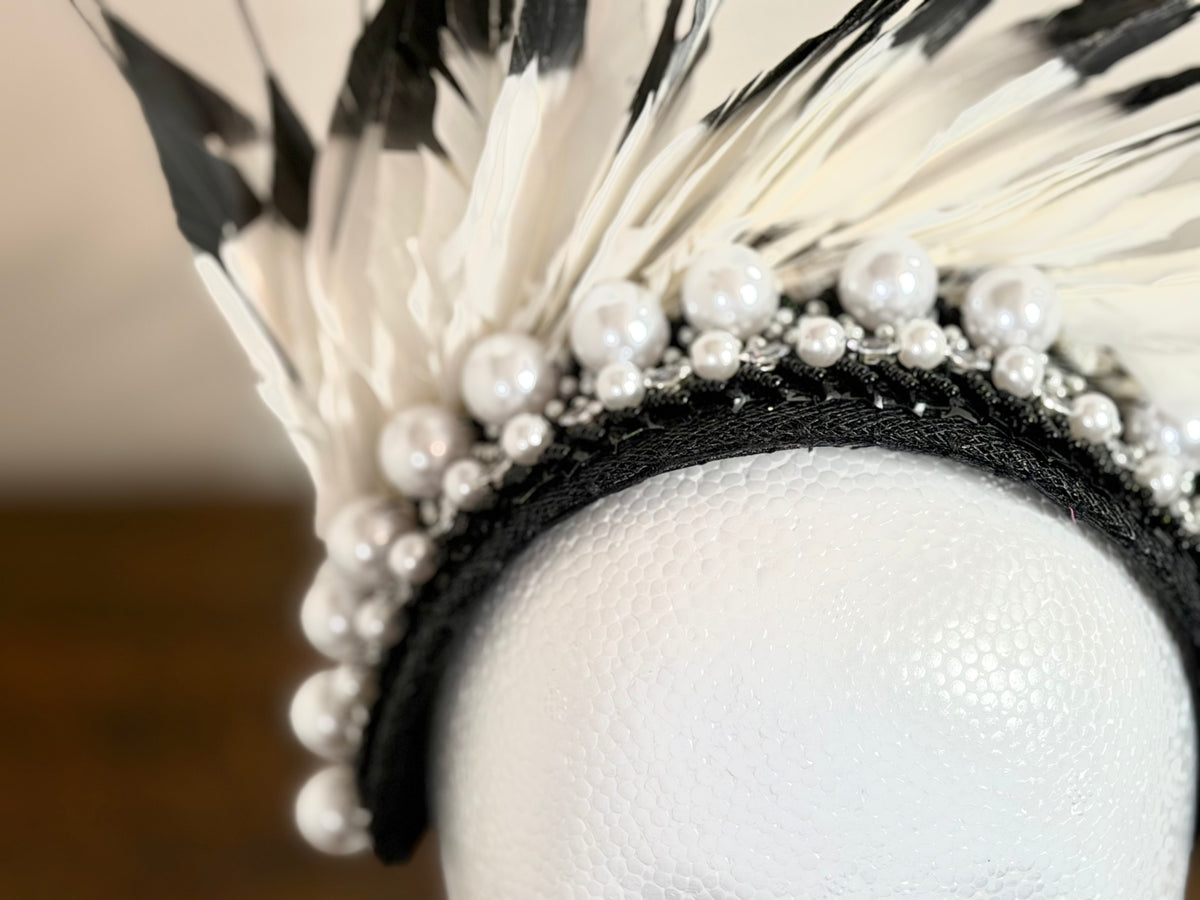 Black and White Feathered Statement Headpiece – Magpie