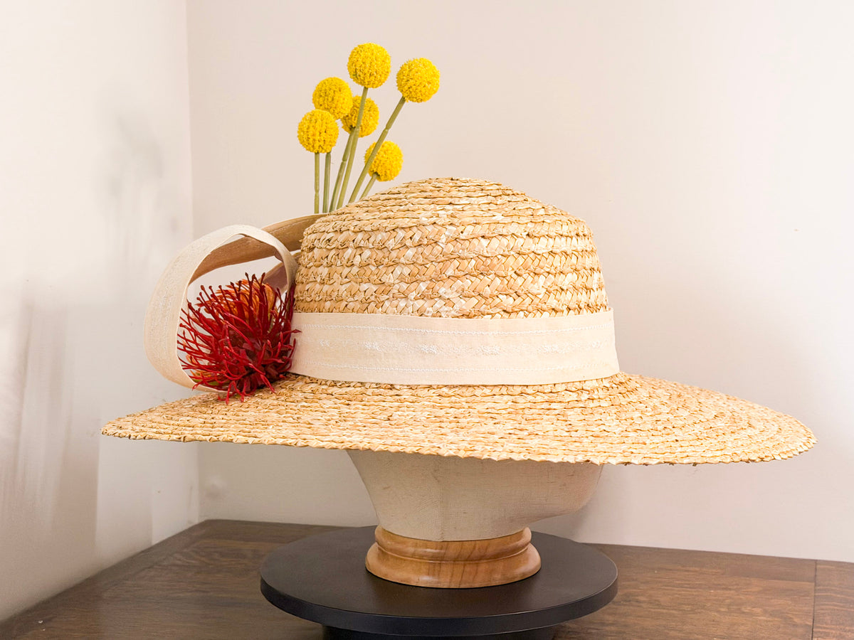 Bushland Canvas – Handcrafted Natural Straw Wide Brim Hat with Australian Native Floral Detail