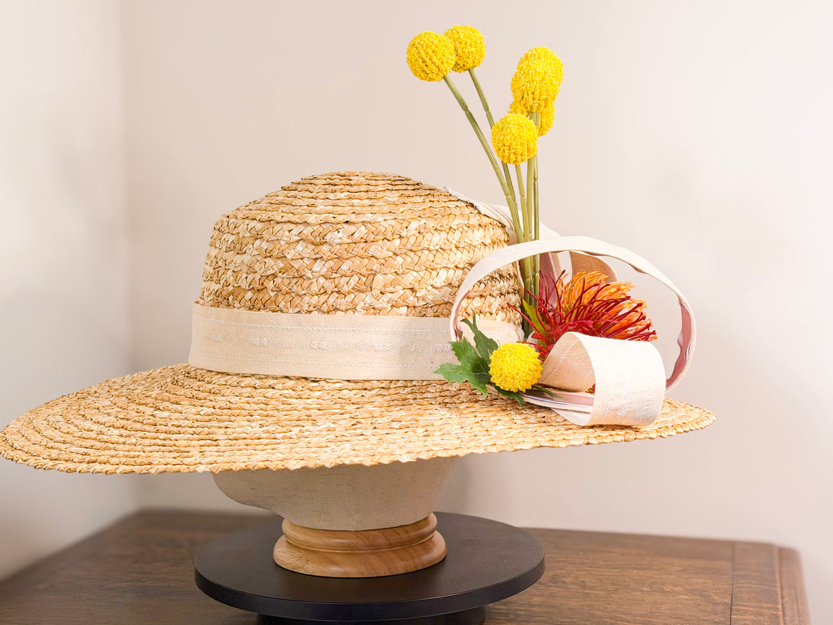 Bushland Canvas – Handcrafted Natural Straw Wide Brim Hat with Australian Native Floral Detail