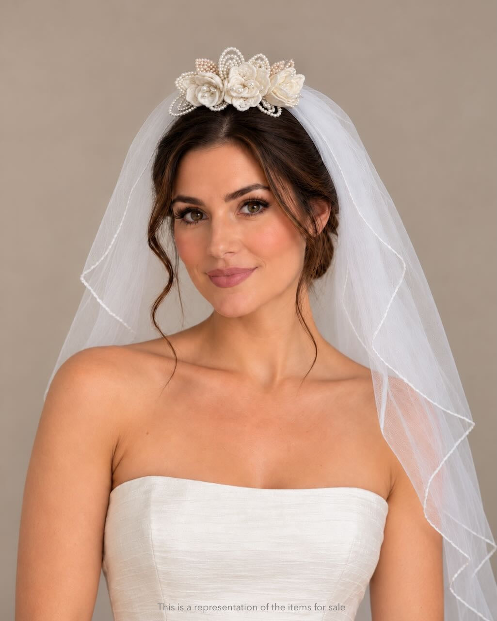 White Two-Tier Bridal Wedding Veil with Embroidered Lace Flowers – Interlaced Blossom