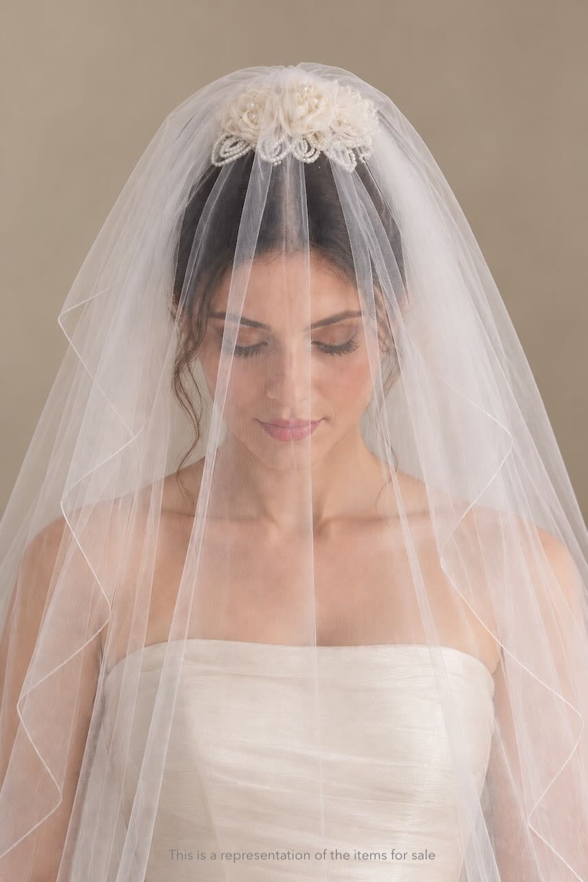 White Two-Tier Bridal Wedding Veil with Embroidered Lace Flowers – Interlaced Blossom