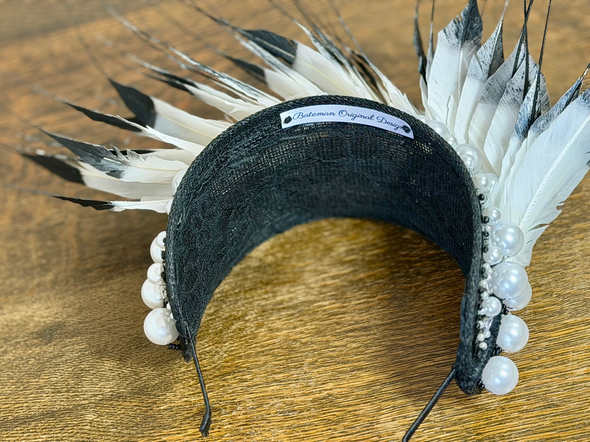 Black and White Feathered Statement Headpiece – Magpie