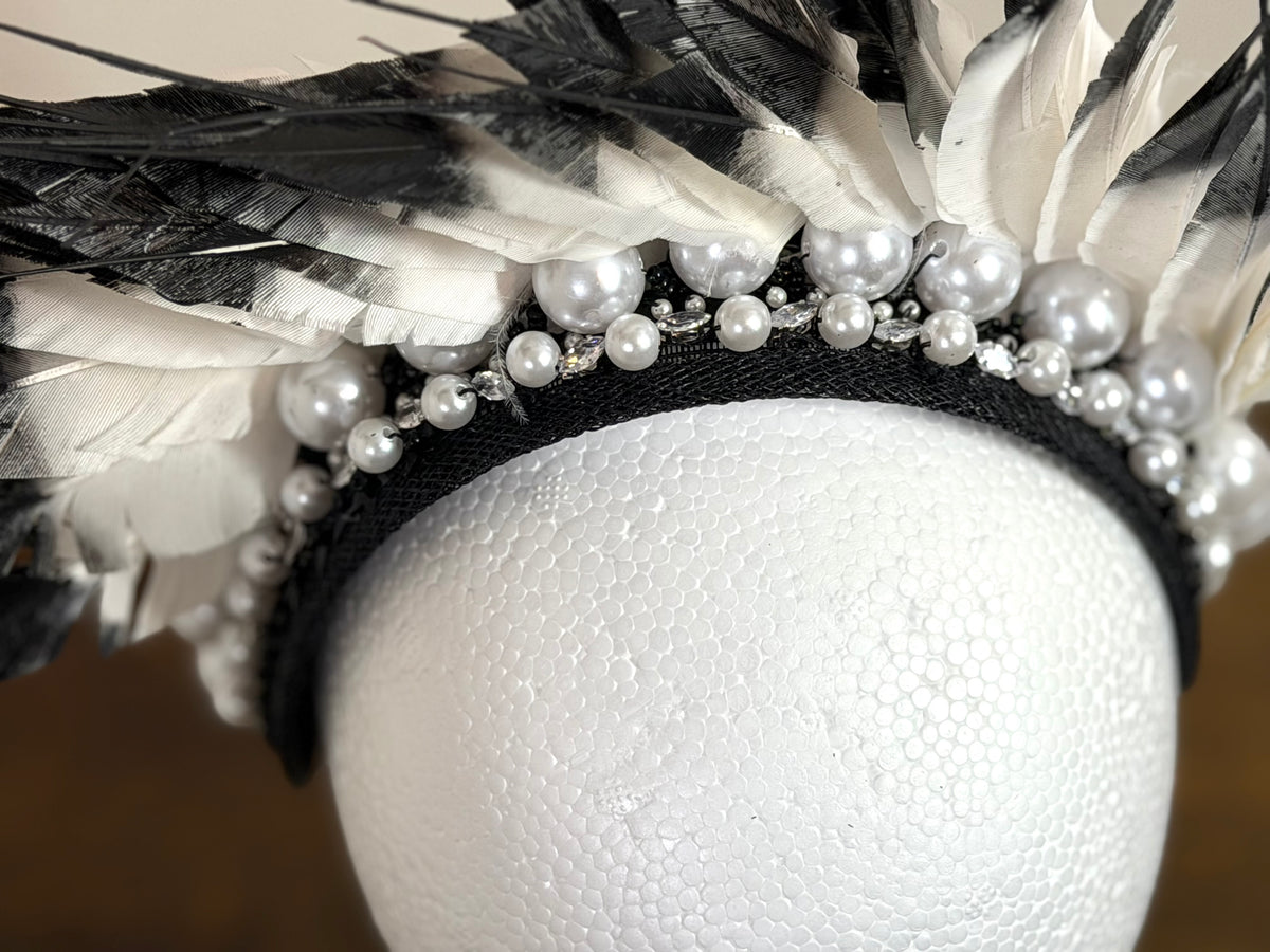 Black and White Feathered Statement Headpiece – Magpie