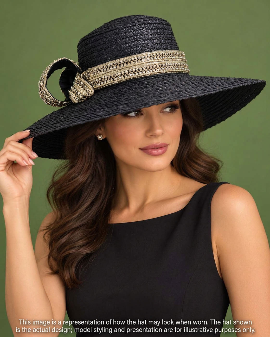 Glitz and Straw – Black Wide Brim Straw Hat, Metallic Zircon Trim and Vintage Stones