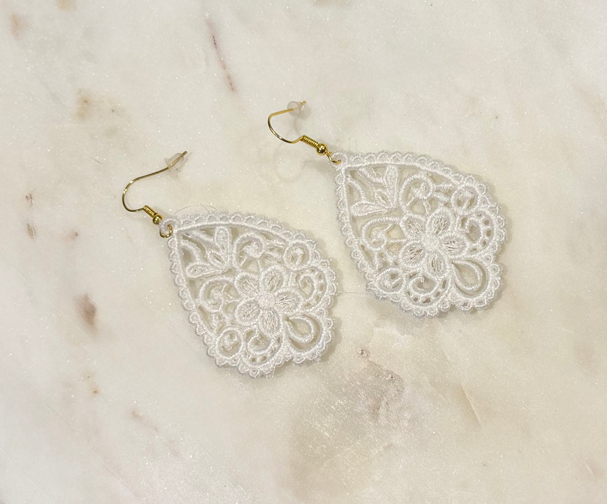 Floral Embroidered Lace Teardrop Earrings – Black, Navy Blue, White & Red