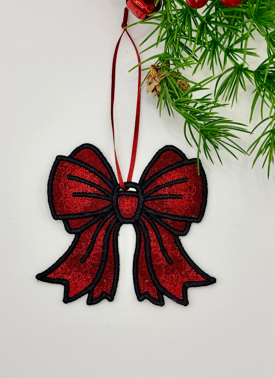 Handmade Embroidered Christmas Bow – Red & Black Ornament
