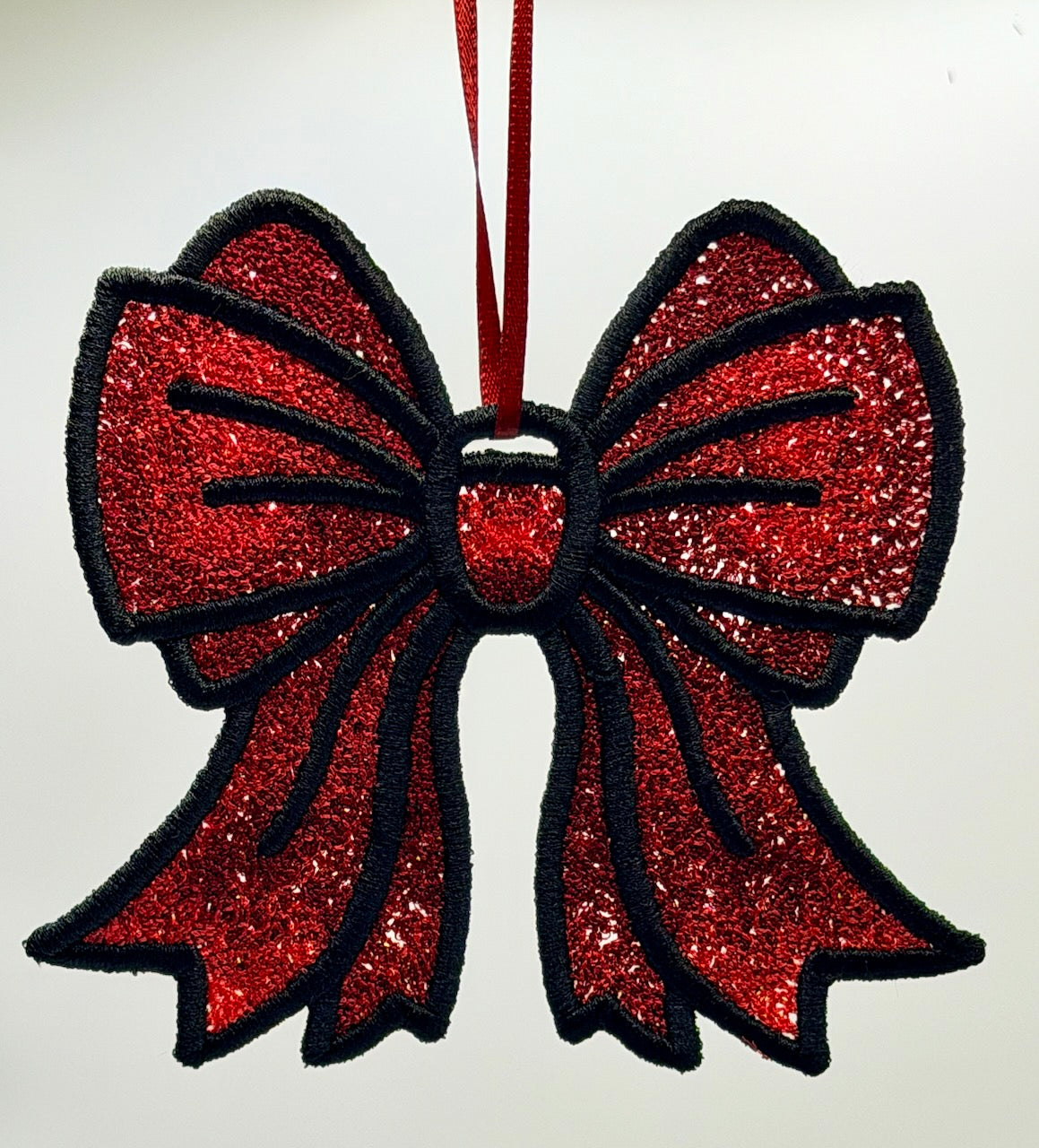 Handmade Embroidered Christmas Bow – Red & Black Ornament