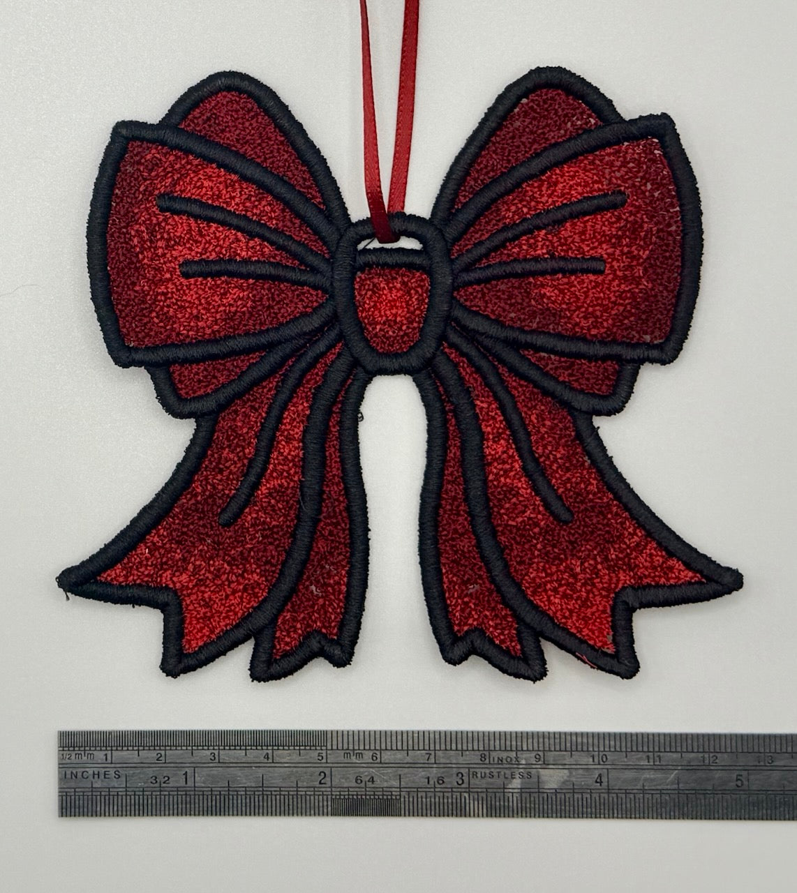 Handmade Embroidered Christmas Bow – Red & Black Ornament