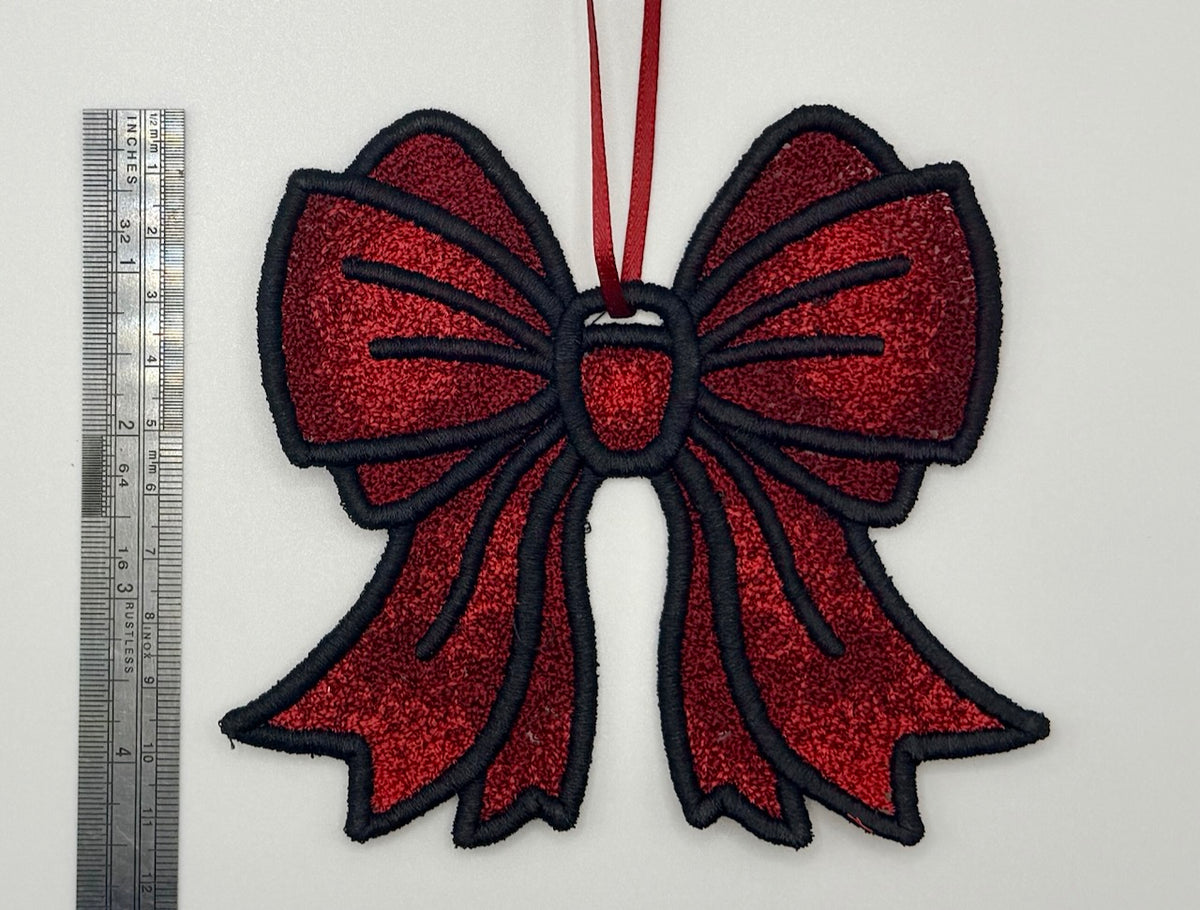 Handmade Embroidered Christmas Bow – Red & Black Ornament