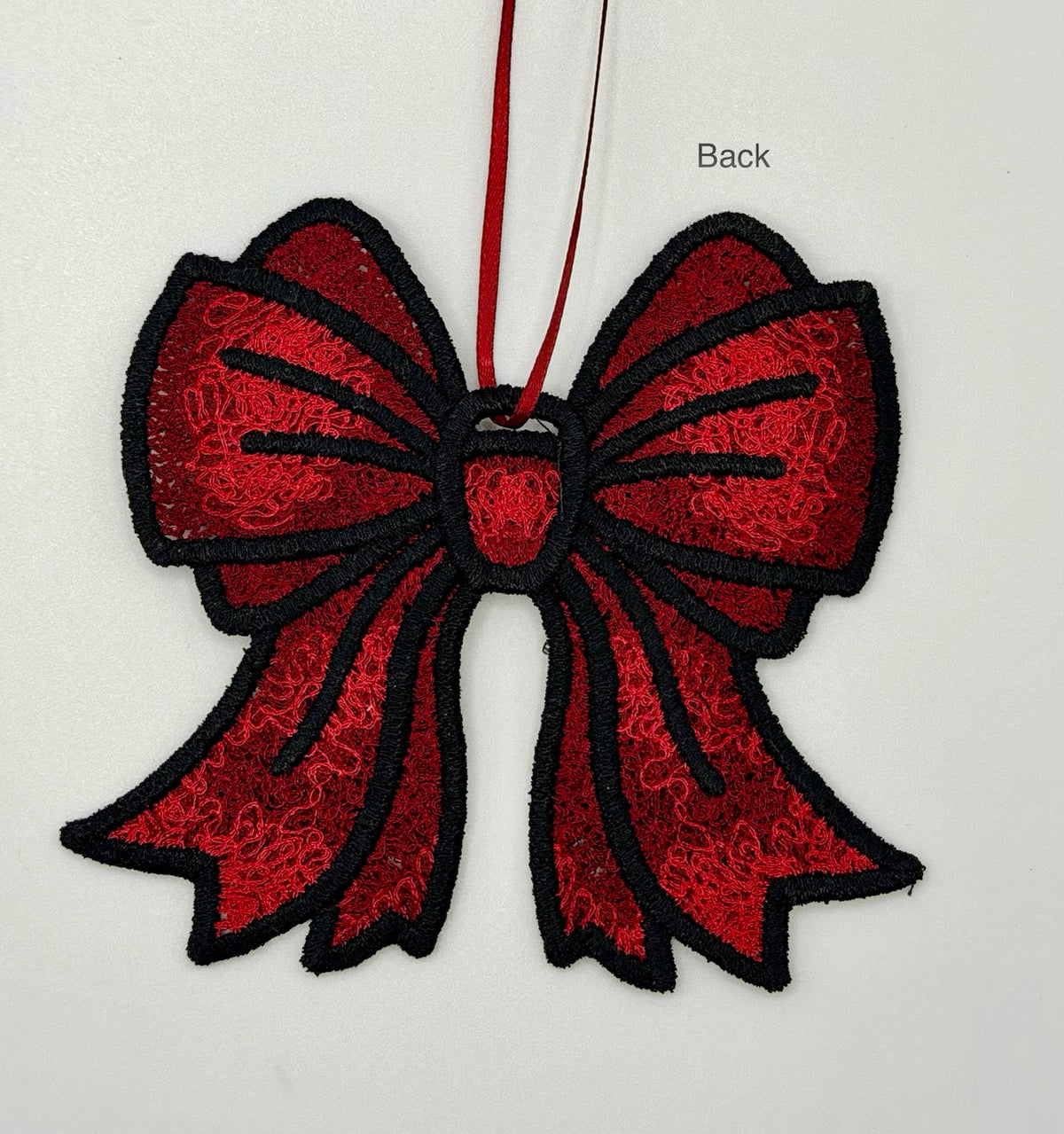 Handmade Embroidered Christmas Bow – Red & Black Ornament