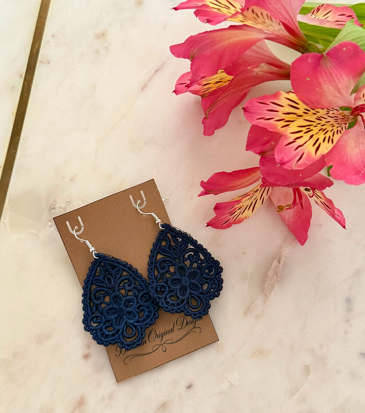 Floral Embroidered Lace Teardrop Earrings – Black, Navy Blue, White & Red with Silver Hooks