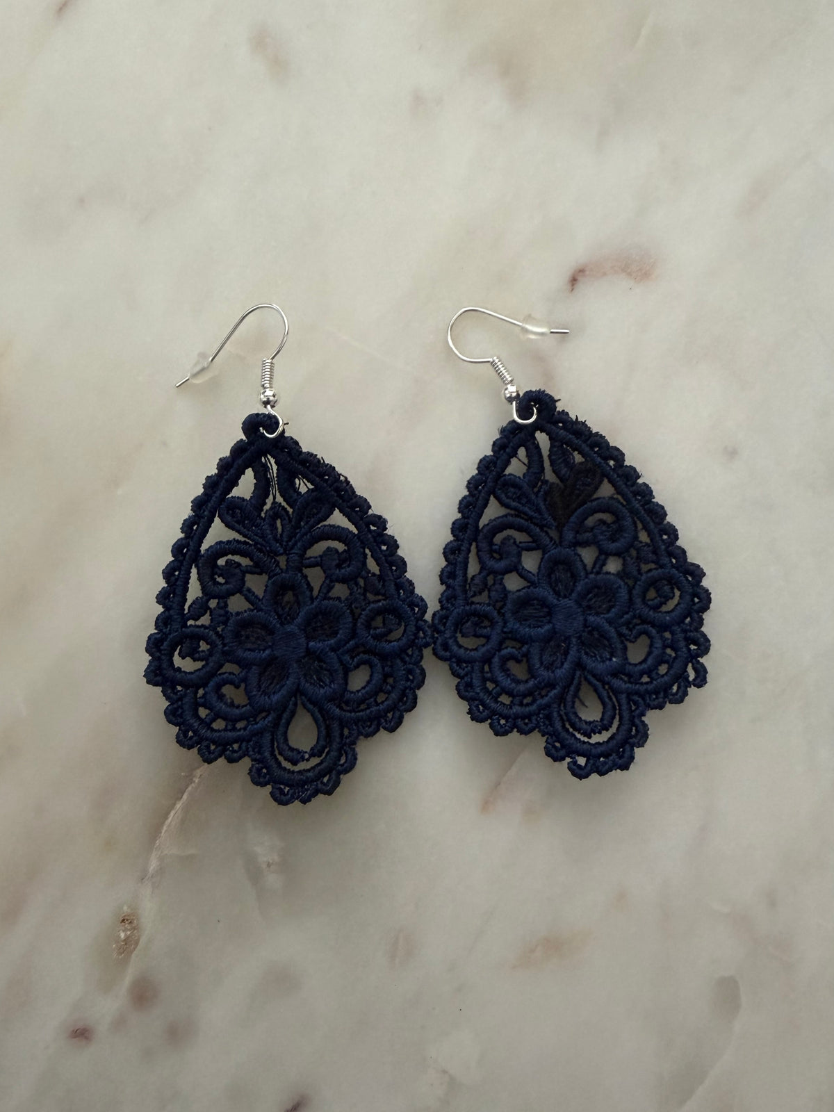 Floral Embroidered Lace Teardrop Earrings – Black, Navy Blue, White & Red with Silver Hooks
