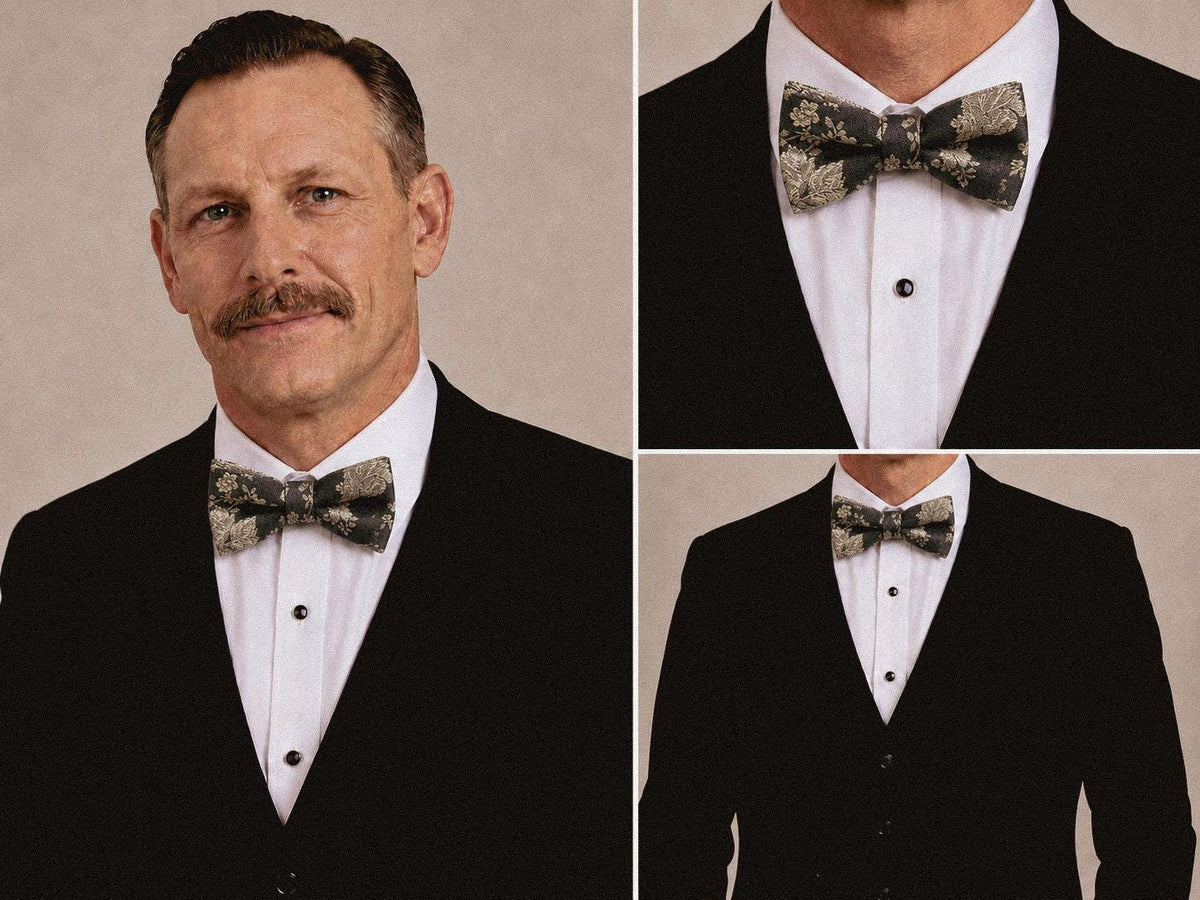 Olive and Pewter Floral Bow Tie