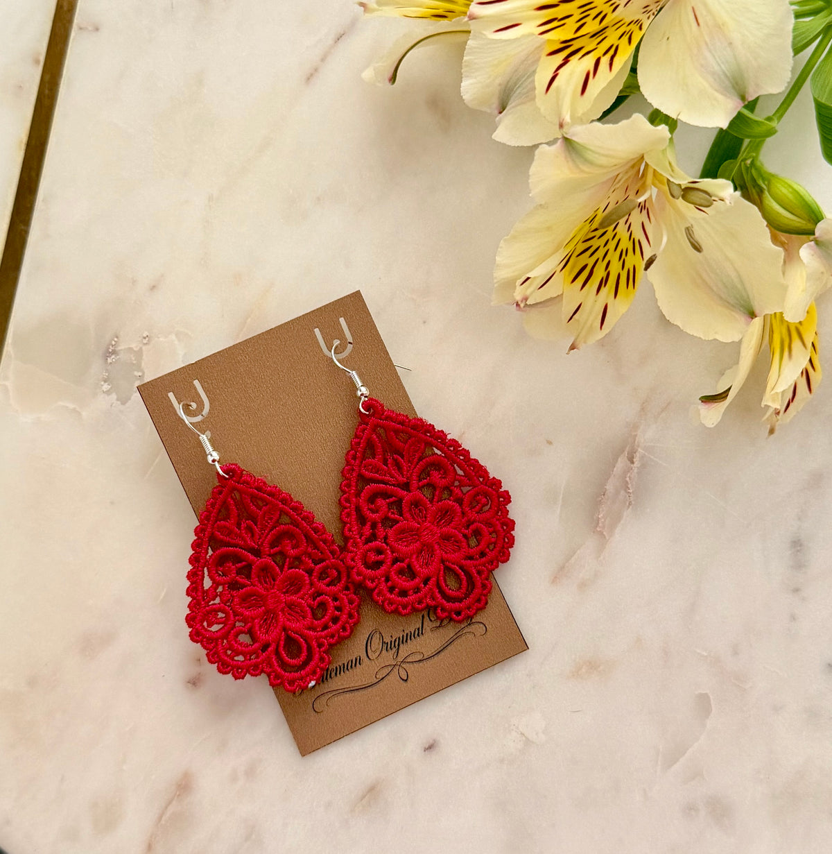 Floral Embroidered Lace Teardrop Earrings – Black, Navy Blue, White & Red with Silver Hooks
